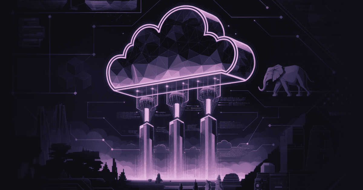 AR.IO artwork — a crystalline cloud streaming data over a neon city, elephant in the wings