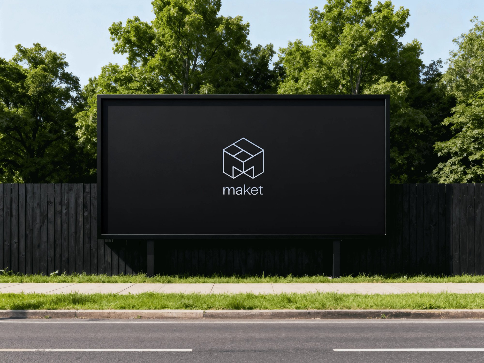 Maket wireframe mark and wordmark on a dark roadside billboard