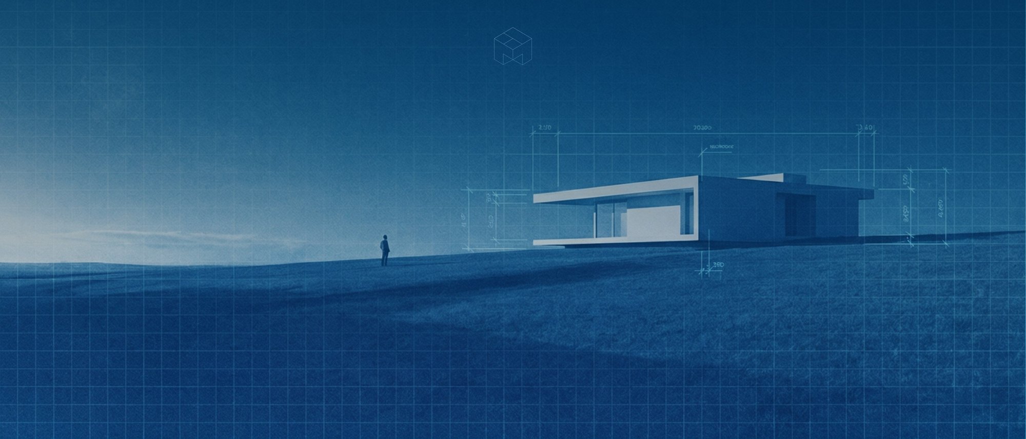 Wireframe house render in blueprint blue