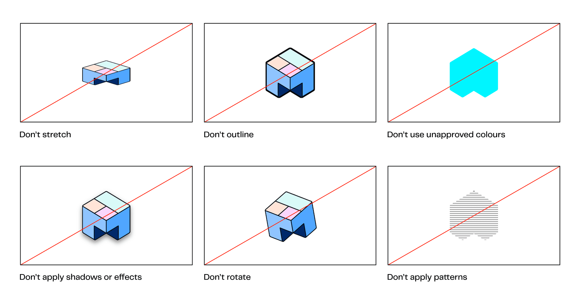 Logo don'ts — no stretching, outlining, recoloring, shadows, rotation, or patterns